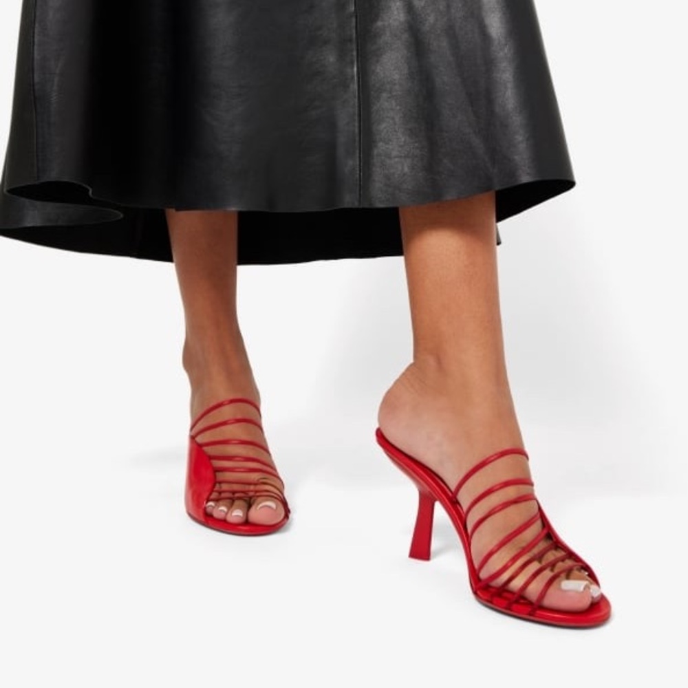 FERRAGAMO ALTAIRE HIGH HEEL SANDAL LACE DETAIL FLAME RED LEATHER. Size 37.5